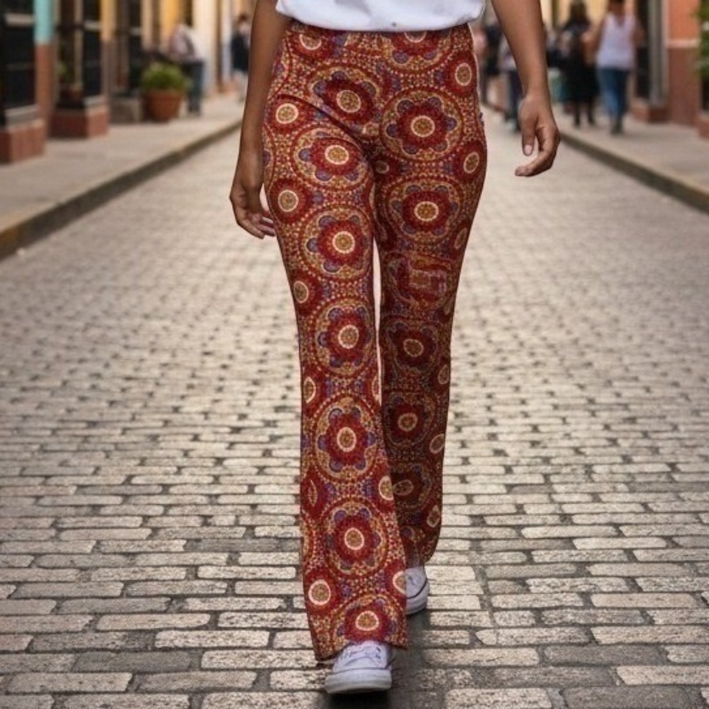 Shein Womens Large Red Orange Medallion Print Flare Leg Boho‎ Stretch Pants L
